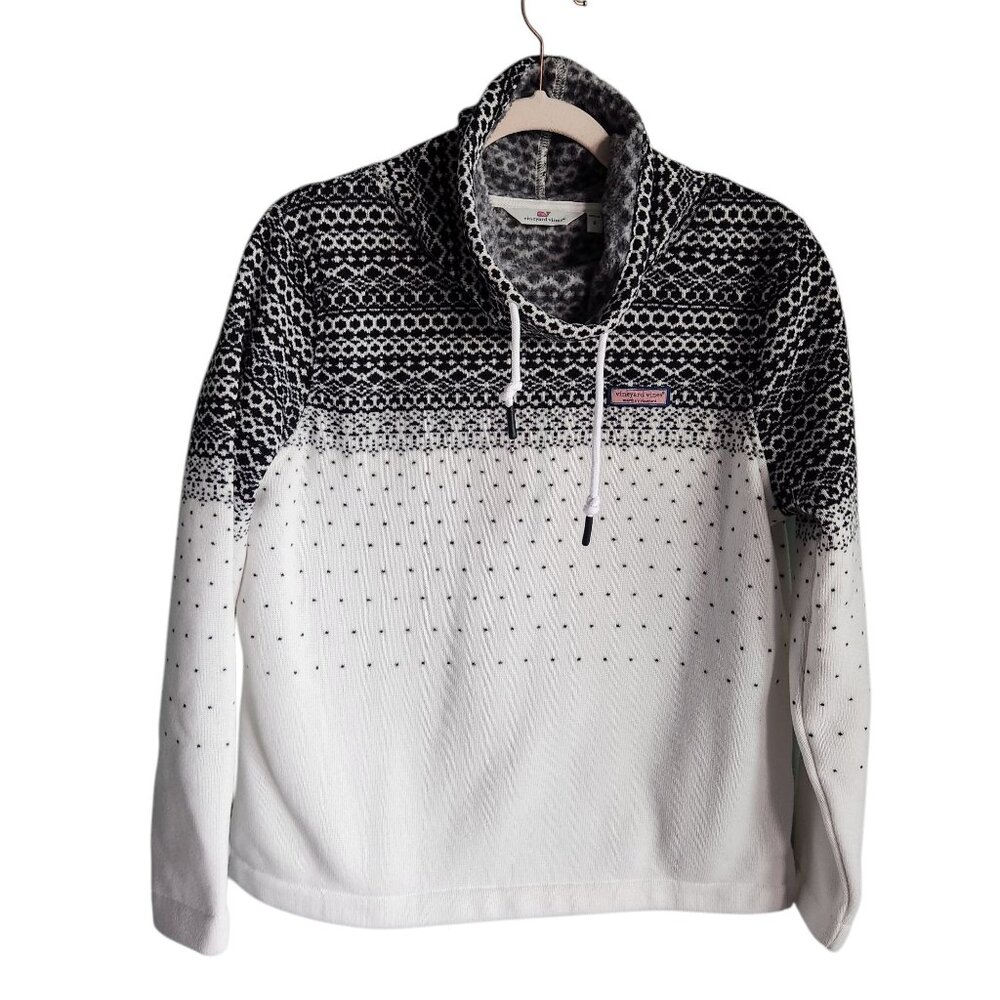 Vineyard Vines Sweater Women's Small White Black Fair Isle Funnel Neck Pullover